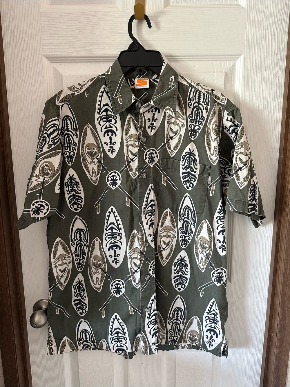 Men's Short Sleeve vintage Sideout Shirt Olive Green surf board medium